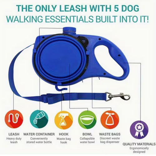 3-in-1 Retractable Dog Leash with Built-in Water Bottle and Foldable Bowl
